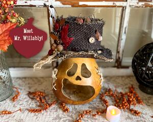 This is a Halloween pumpkin decoration. It is a carved gourd with a black top hat. His name is Mr. Willably. 